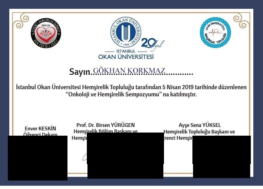 Onkoloji Sempozyumu Katılım Belgesi