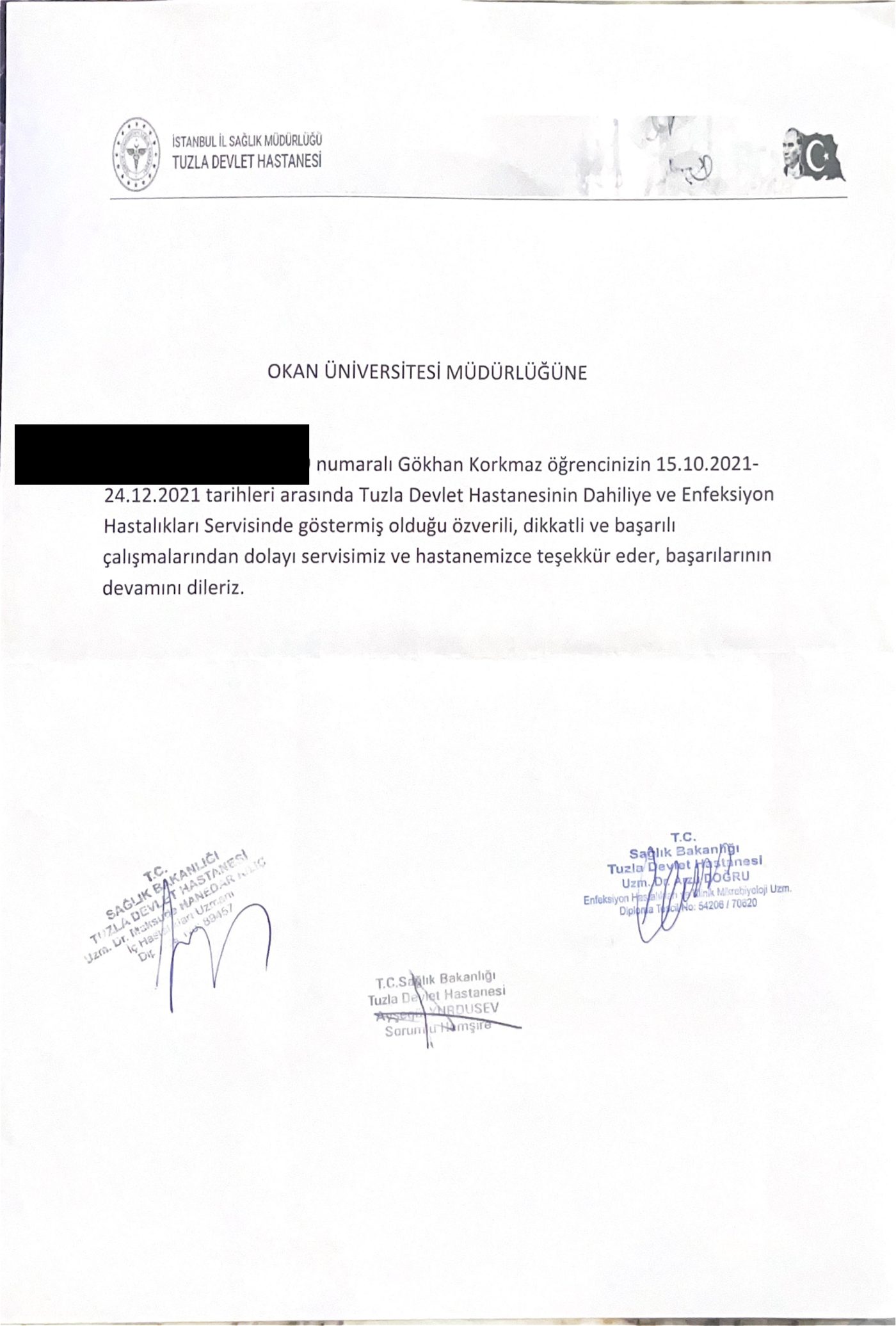 Tuzla Devlet Hastanesi Dahiliye Teşekkür